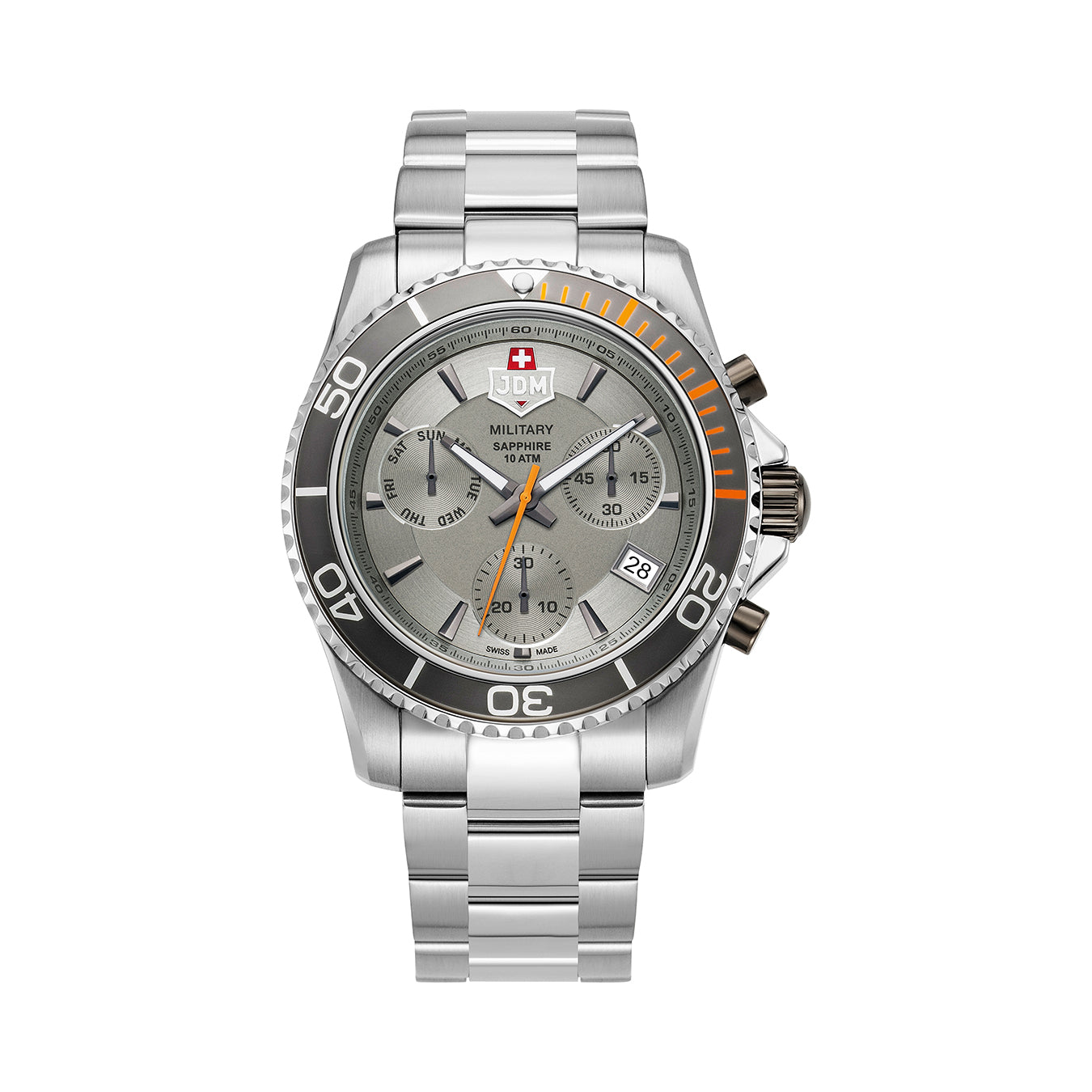 Sierra Chrono 43mm Chronograph - date, day by hand, small second Quartz grey Dial silver Tone Stainless Steel Sapphire Glass Swiss Made Men Watch
