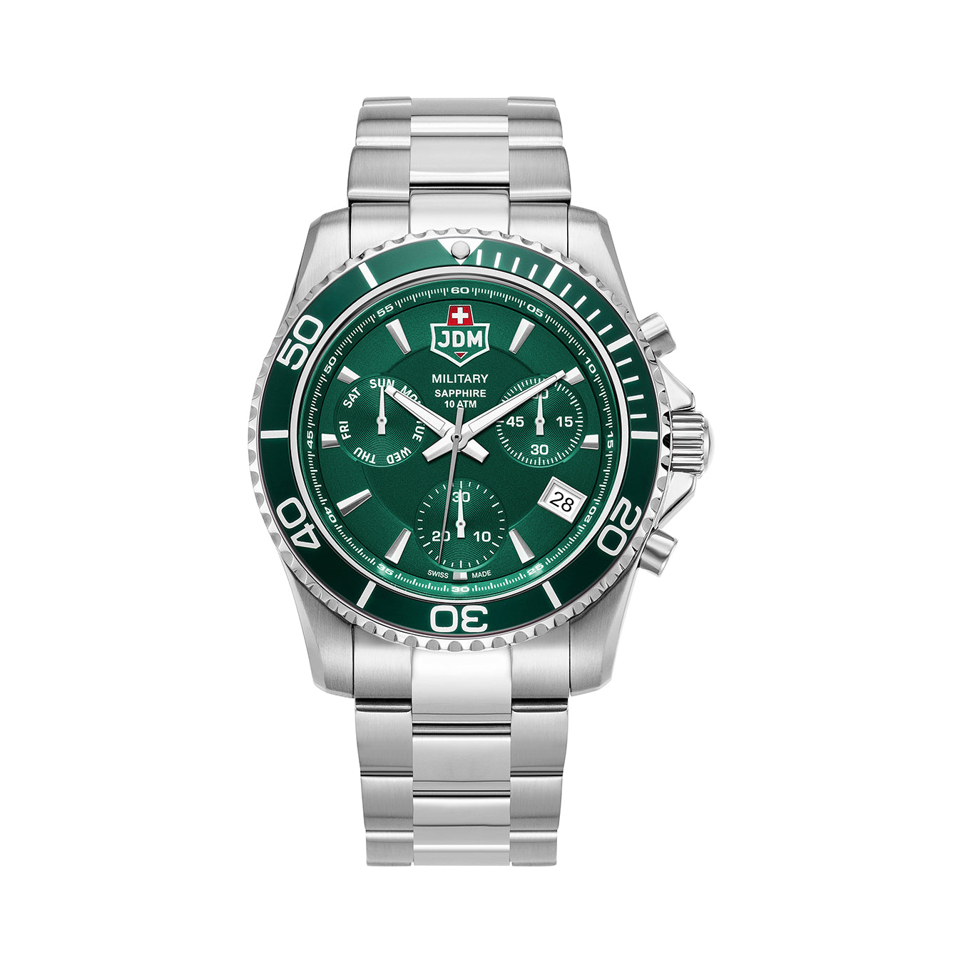 Sierra Chrono 43mm Chronograph - date, day by hand, small second Quartz green Dial silver Tone Stainless Steel Sapphire Glass Swiss Made Men Watch