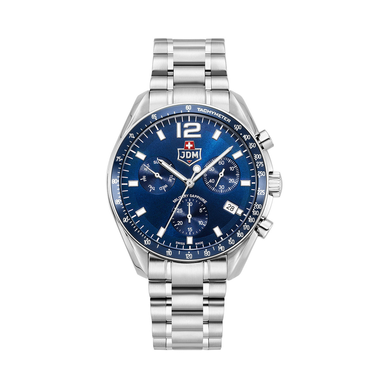 Swiss Precision 42mm Chronograph - date Quartz blue Dial silver Tone Stainless Steel Sapphire Glass Swiss Made Men Watch