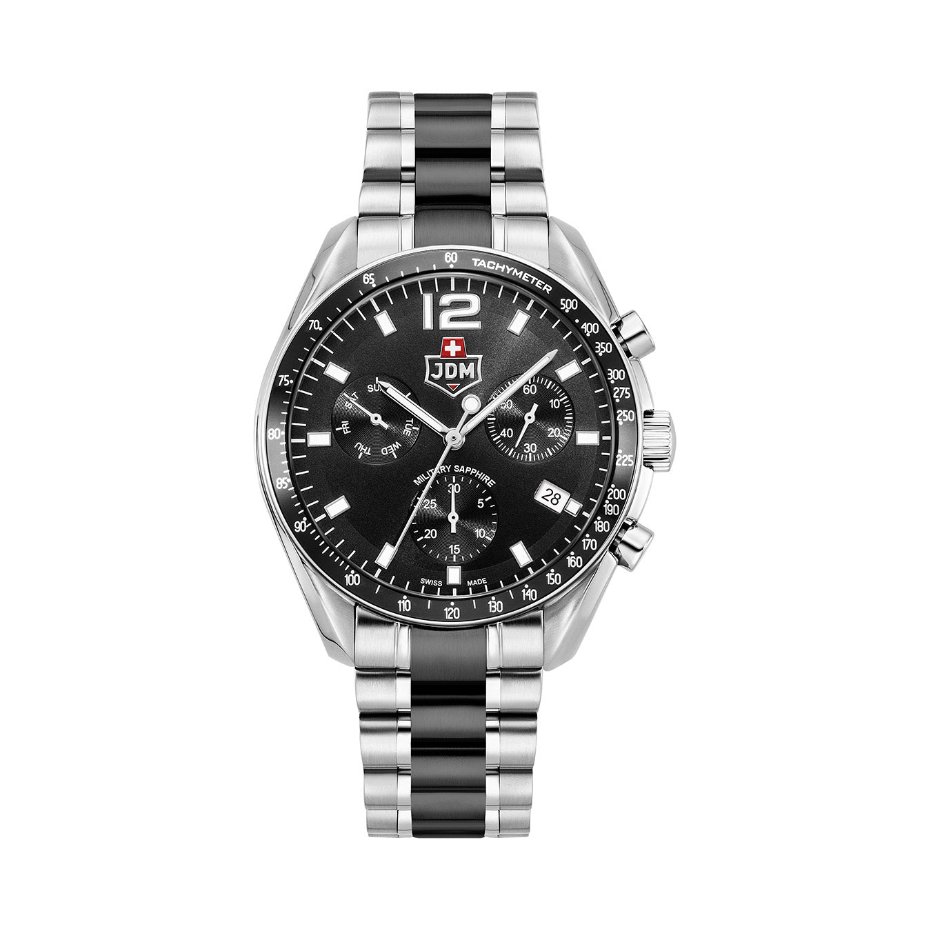 Swiss Precision 42mm Chronograph - date Quartz black Dial silver Tone Stainless Steel Sapphire Glass Swiss Made Men Watch