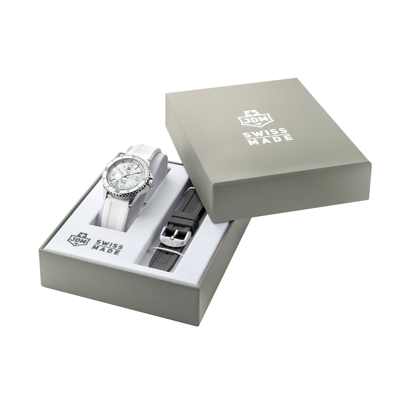 Jade 36mm 3 hand Quartz white MOP Dial silver Tone Stainless Steel Sapphire Glass White and Black Rubber Strap set Swiss Made Watch