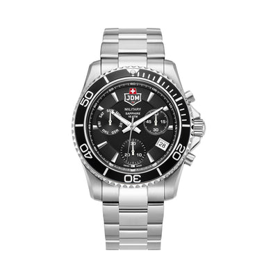Sierra Chrono 43mm Chronograph - date, day by hand, small second Quartz black Dial silver Tone Stainless Steel Sapphire Glass Swiss Made Men Watch