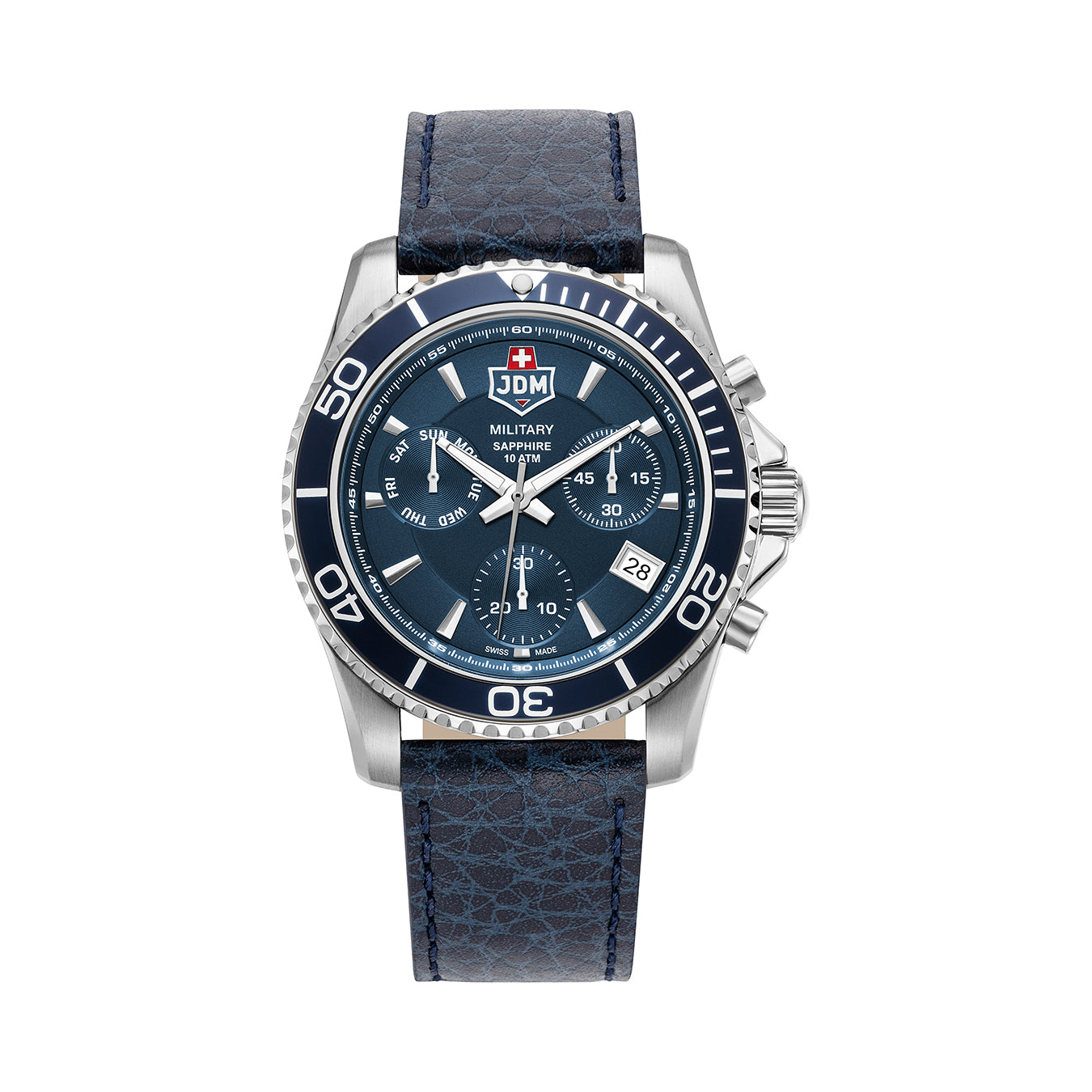 Sierra Chrono 43mm Chronograph - date, day by hand, small second Quartz blue Dial silver Tone Stainless Steel Sapphire Glass Swiss Made Men Watch