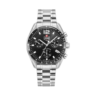 Swiss Precision 42mm Chronograph - date Quartz black Dial silver Tone Stainless Steel Sapphire Glass Swiss Made Men Watch