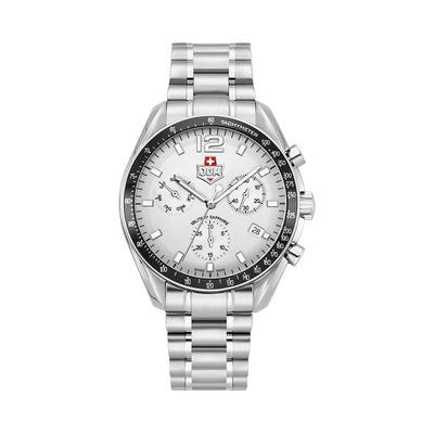 Swiss Precision 42mm Chronograph - date Quartz grey Dial silver Tone Stainless Steel Sapphire Glass Swiss Made Men Watch