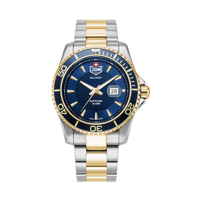 Sierra 43mm 3 hand - date Quartz blue Dial silver + gold Tone Stainless Steel Sapphire Glass Swiss Made Men Watch