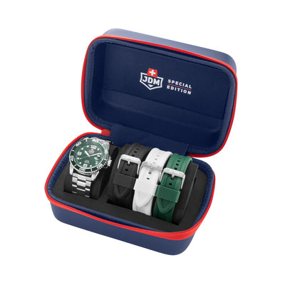 Mike Plus 43.5mm 3 hand - date Quartz Green Sunray Dial silver Tone Stainless Steel Sapphire Glass Swiss Made Men Watch