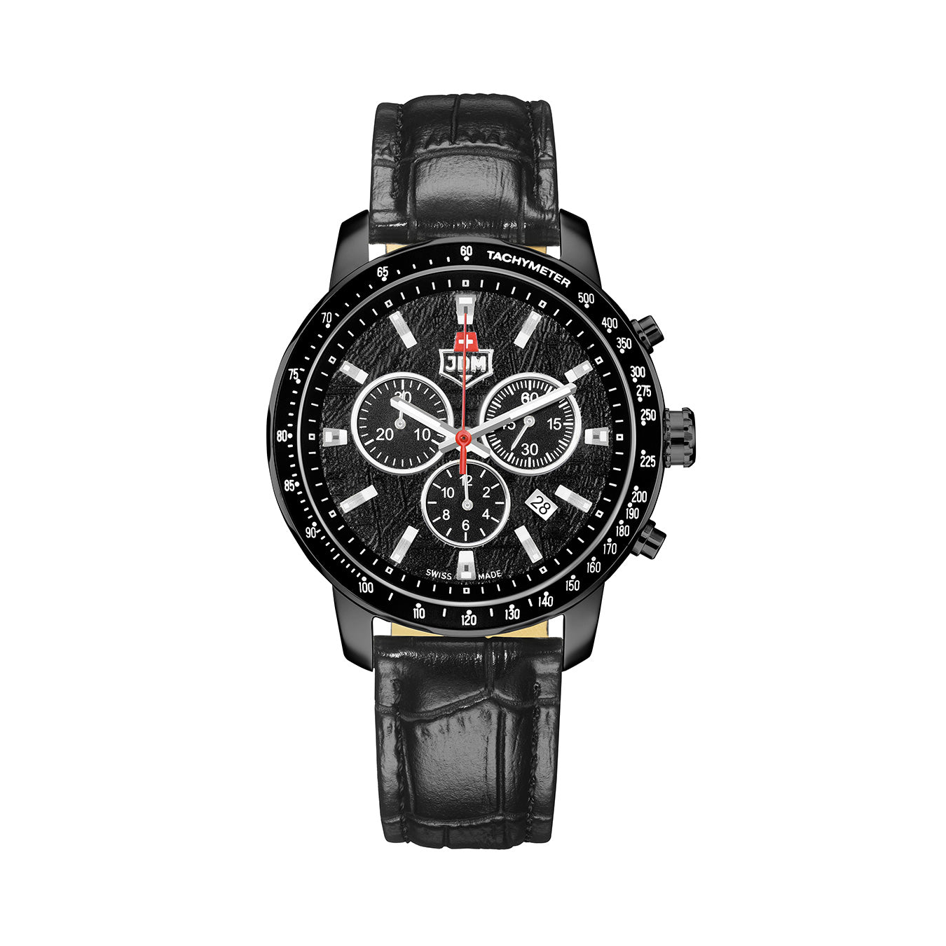 Challenger Chrono 42mm Chronograph - date Quartz black Dial black Tone Stainless Steel Black Leather Strap Sapphire Glass Swiss Made Men Watch