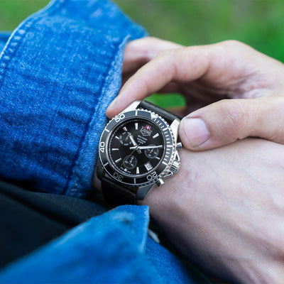 Sierra Chrono 43mm Chronograph - date, day by hand, small second Quartz black Dial silver Tone Stainless Steel Sapphire Glass Swiss Made Men Watch